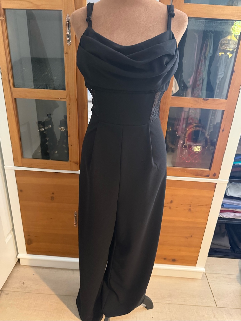 SHEIN Black Draped Cowl Wide-Leg Jumpsuit